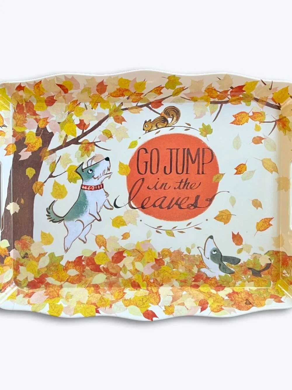 Pier 1 Go Jump In Leaves Fall Melamine Handled Serving Tray Platter Dogs Autumn